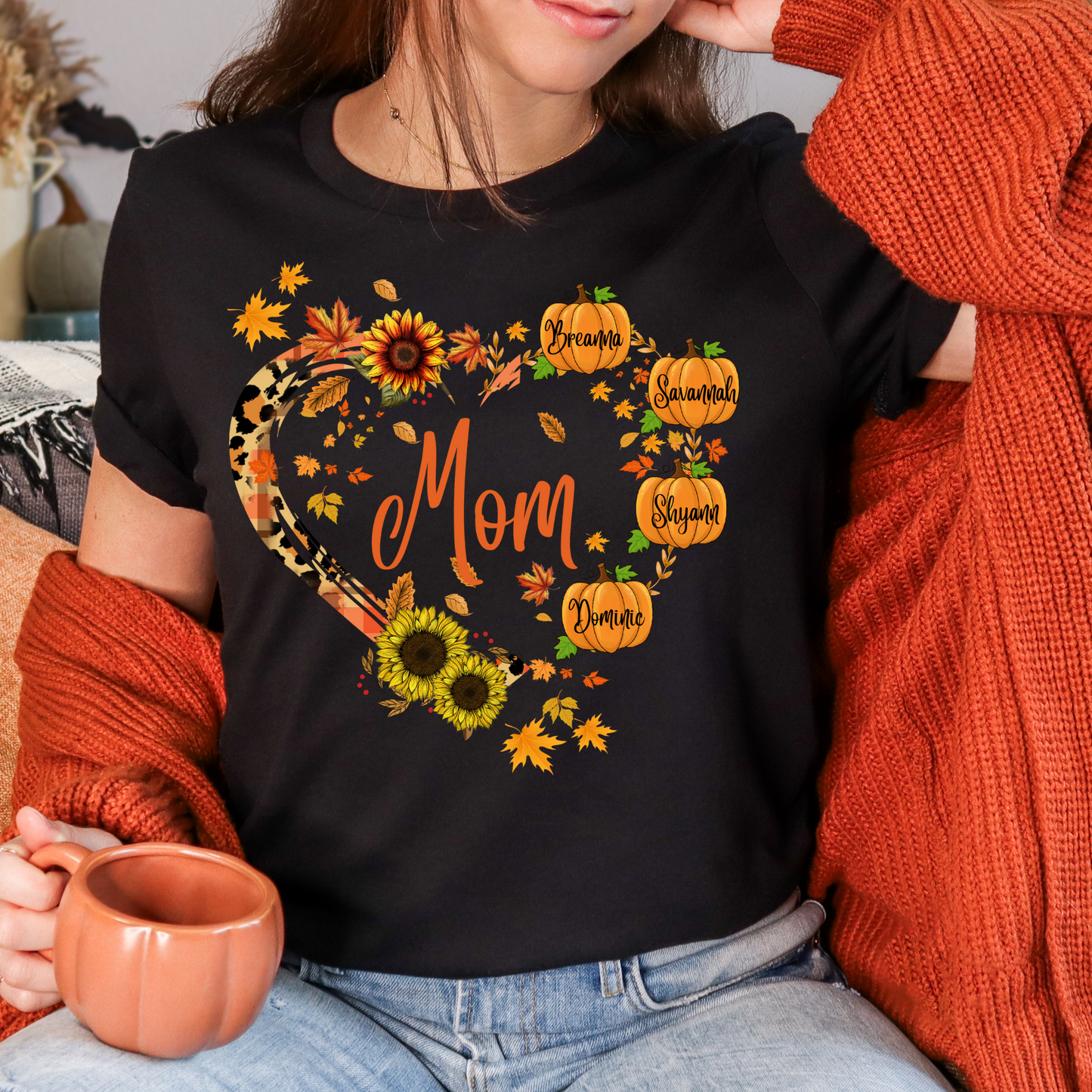 Personalized Fall Pumpkin Mom Shirt – Custom Autumn T-Shirt, Hoodie, or Women’s V-Neck – Cute Fall Sweater Gift for Mom