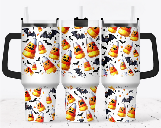 Halloween Candy Corn 40oz Stainless Steel Tumbler – Spooky Season Stanley-Style Cup – Fall Pumpkin Candy Corn Drinkware