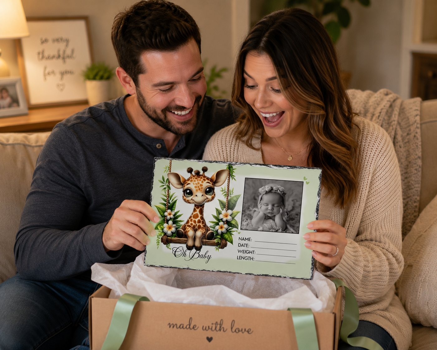 Happy mom and dad opening a personalized baby birth announcement rock slate featuring a custom newborn photo, adorable giraffe design, and baby’s birth details. Thoughtful keepsake gift for new parents, nursery décor, or baby shower celebration.