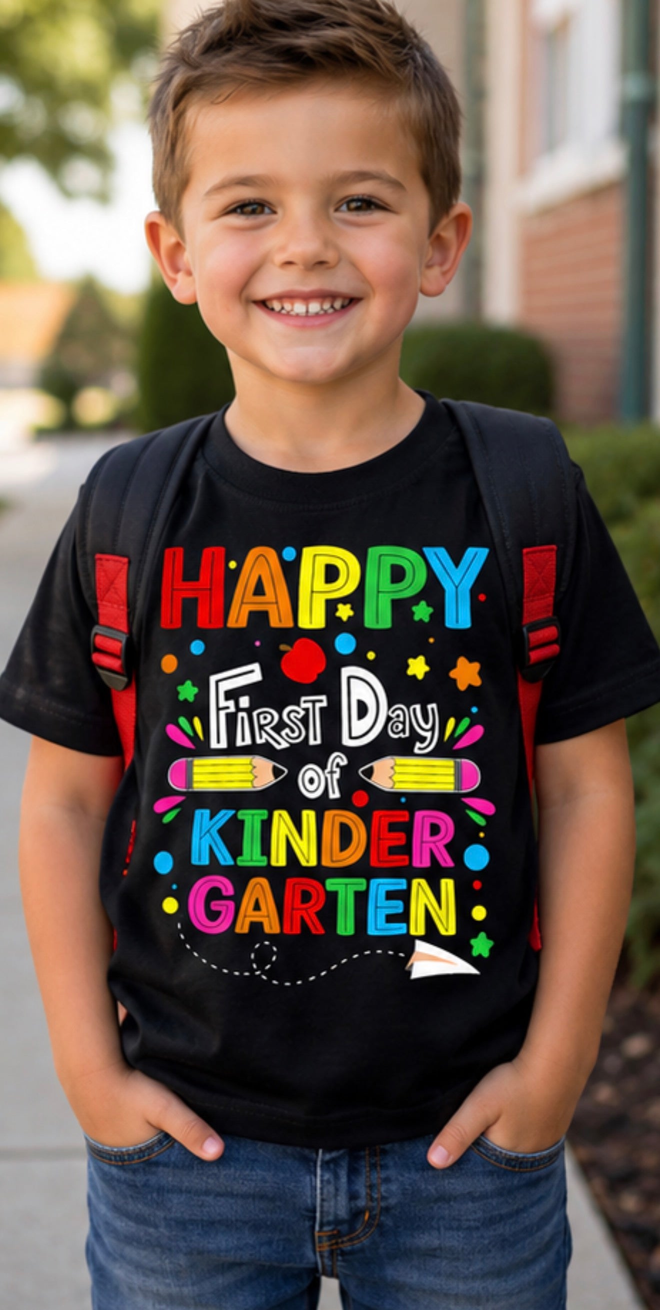 Smiling young boy wearing a black Happy First Day of Kindergarten t-shirt with colorful school graphics. Perfect back-to-school shirt for kindergarten students, school pictures, and first day of school. Handmade by Wynn's Witty Works, an Arizona family-owned and operated small business.