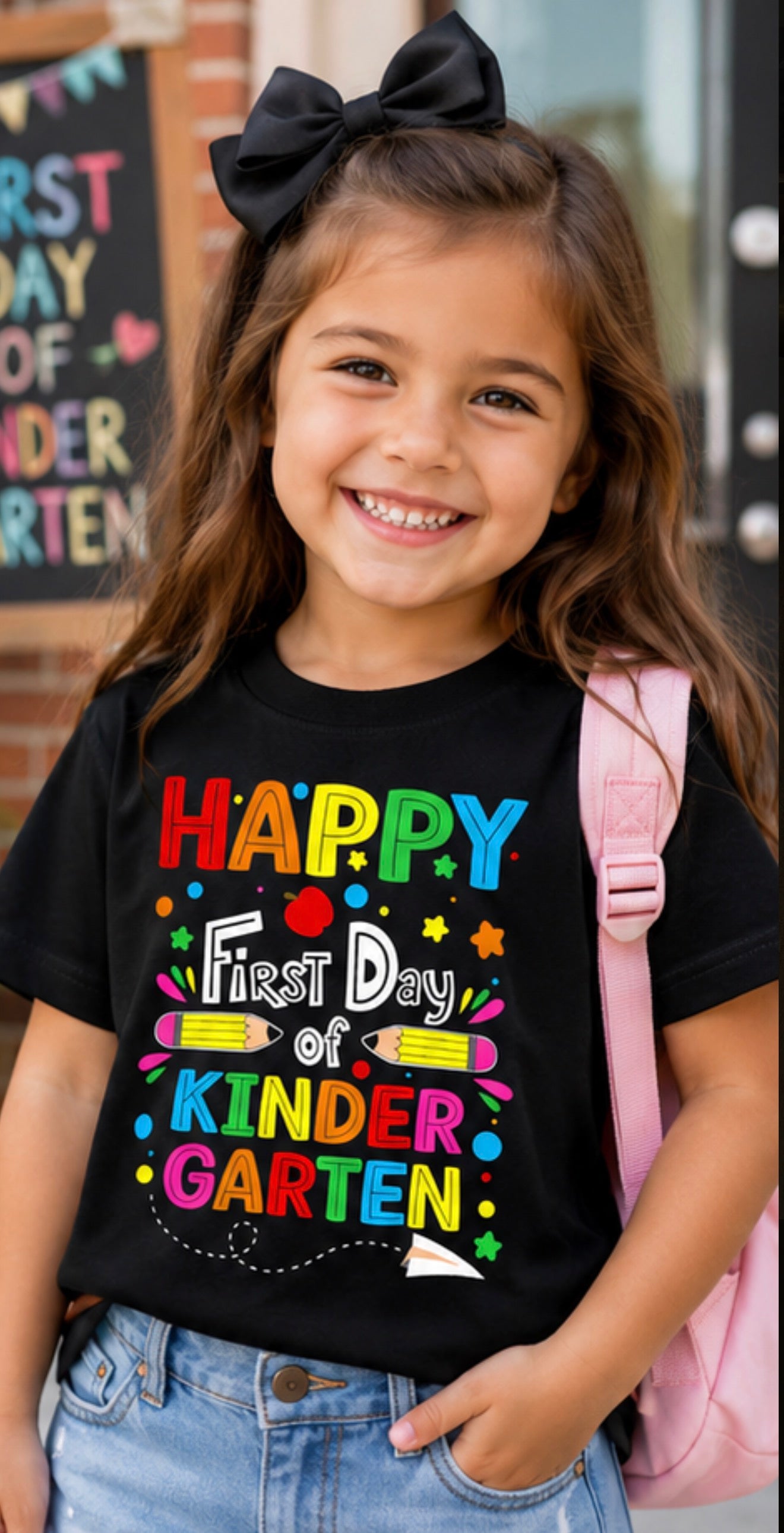Happy young girl wearing a black Happy First Day of Kindergarten t-shirt with colorful school graphics. Cute first day of school outfit for kindergarten, classroom photos, and back-to-school celebrations. Handmade by Wynn's Witty Works, an Arizona family-owned and operated small business.