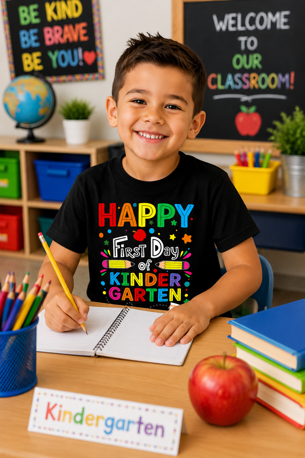 Smiling young boy wearing a black Happy First Day of Kindergarten shirt while seated at a classroom desk with school supplies.