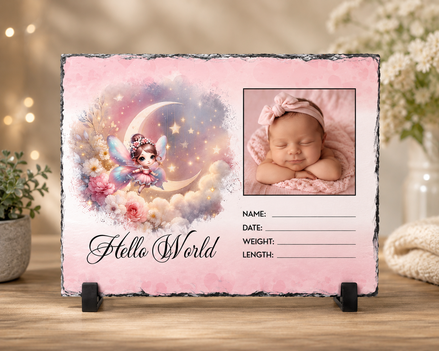 A personalized baby birth announcement plaque made of natural dark gray slate, featuring a pink watercolor background with a fairy and moon illustration, a placeholder photo of a sleeping newborn baby, and text lines for name, date, weight, and length. The plaque is displayed on a wooden surface with a cozy, warm bokeh background.