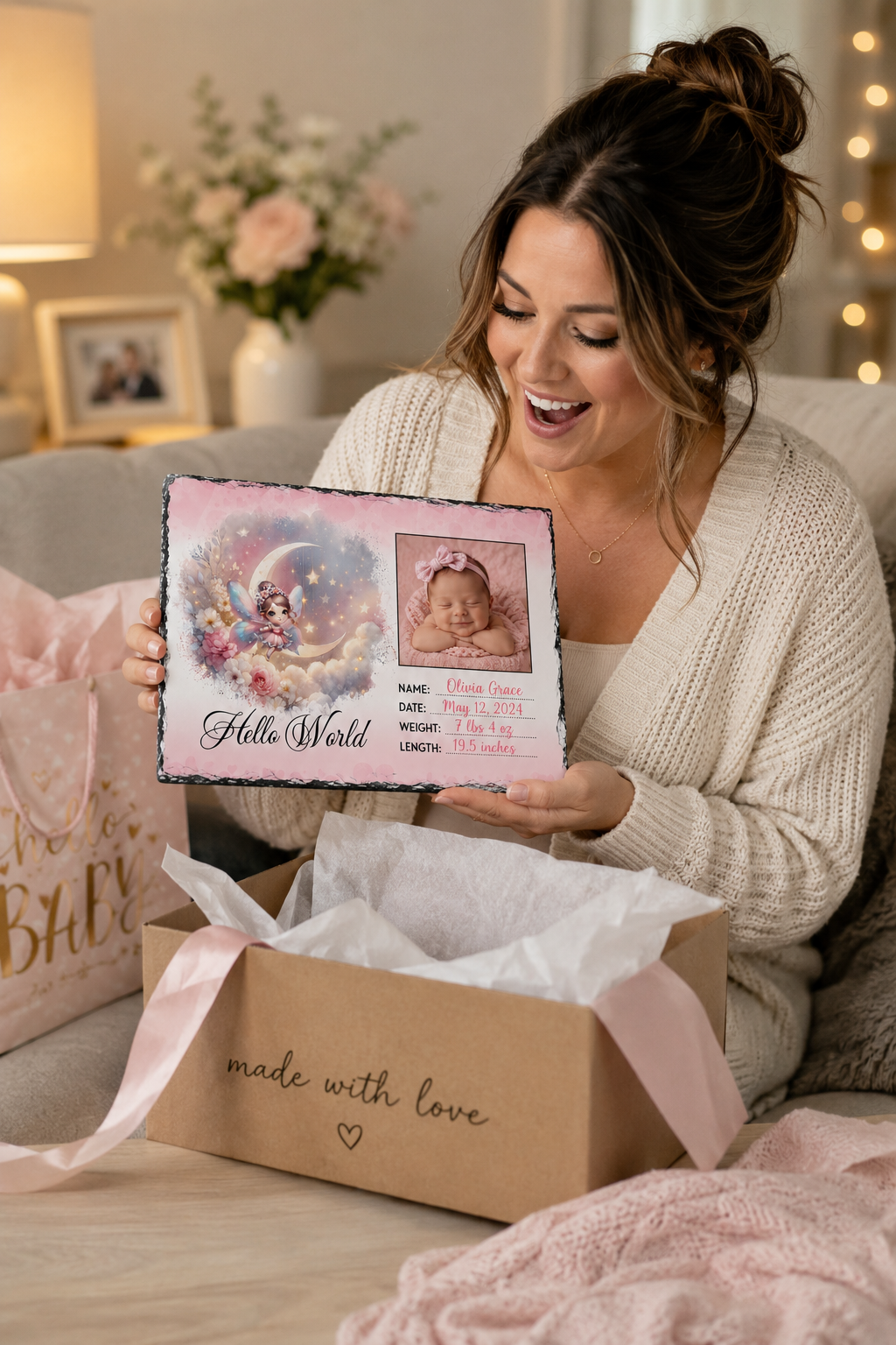 A woman sitting on a couch holds a personalized baby shower gift card above an open kraft gift box with pink tissue paper and a pink ribbon. The card features a pastel illustration of an angel and the text 'Hello World' with a photo of a baby.