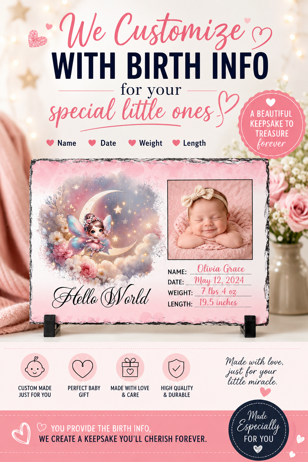 A customized baby keepsake slate plaque shown in a styled nursery setting with pink roses and blankets. The slate features a custom watercolor illustration of a fairy on a crescent moon with a baby photo, alongside customizable text fields for name, date, weight, and length.