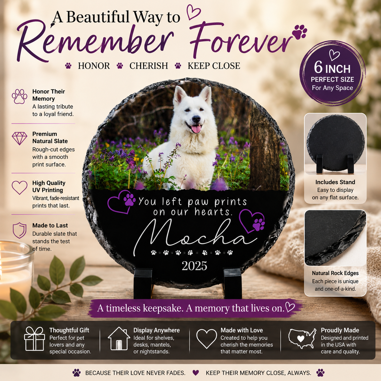 A memorial pet keepsake plaque shown on a black stand against a warm beige background with decorative text callouts. The round plaque features a photo of a white dog, a tree bark border, purple paw prints, and the text 'You left paw prints on our hearts.