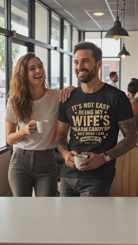 Funny Husband Shirt – It’s Not Easy Being My Wife’s Arm Candy But Here I Am Nailing It | Father’s Day Gift for Dad | Christmas Gift for Husband | Men’s Graphic Tee