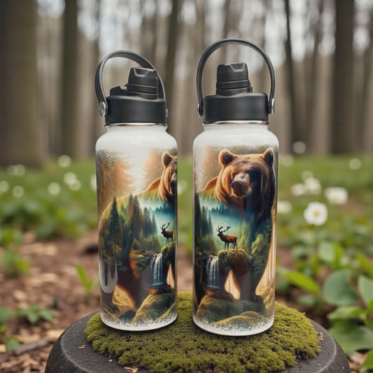 32oz Hydro Sports Water Bottle – Bear Hunting Mountain Forest Design | Dual 2-in-1 Lid, Vacuum Insulated Stainless Steel